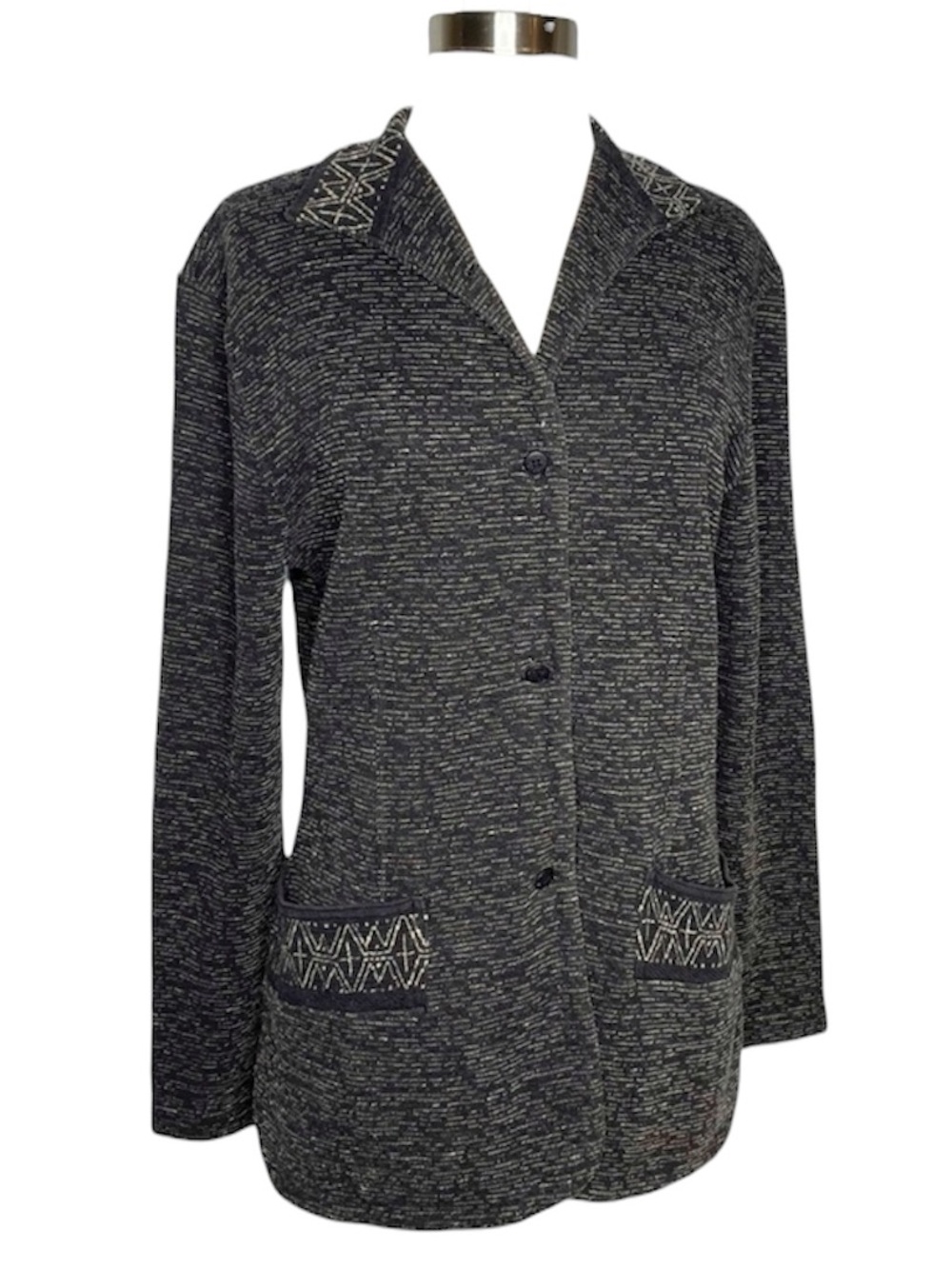 Vintage Max Studio Long Cardigan Jacket Size M Grey Sweater Boho Ethnic Ikat